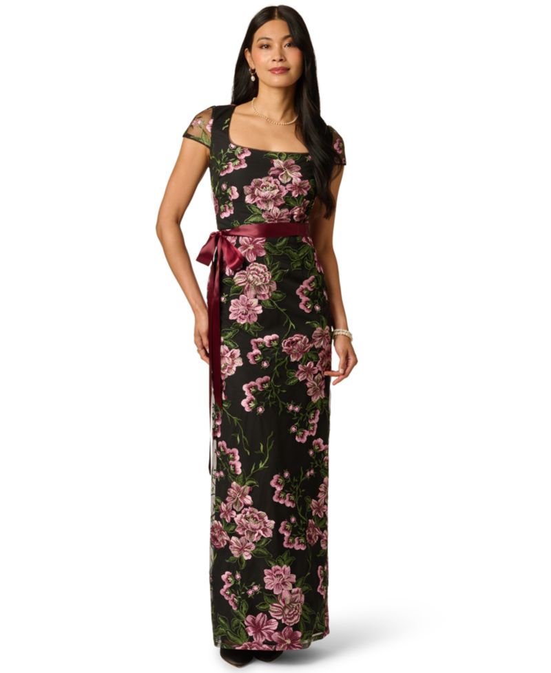 Women's Cascading Floral Column Square-Neck Gown