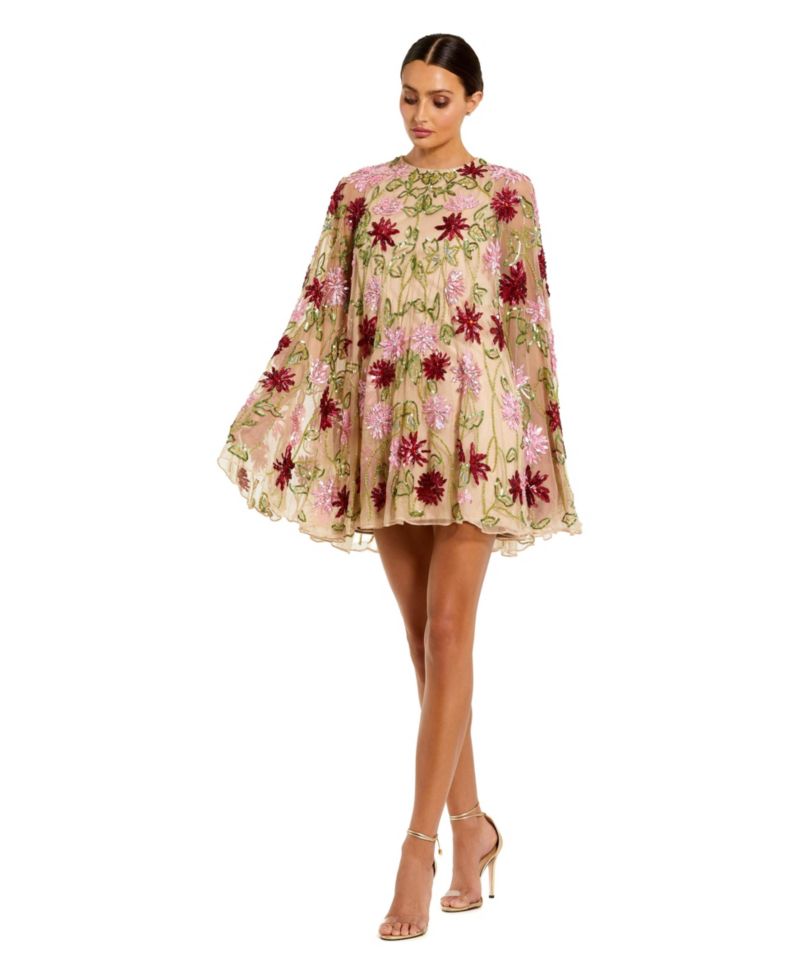 Women's Floral Beaded Mesh Shawl Mini Dress