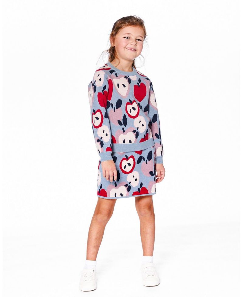 Girl Knit Skirt Blue and Red with Apple Heart Jacquard - Toddler|Child