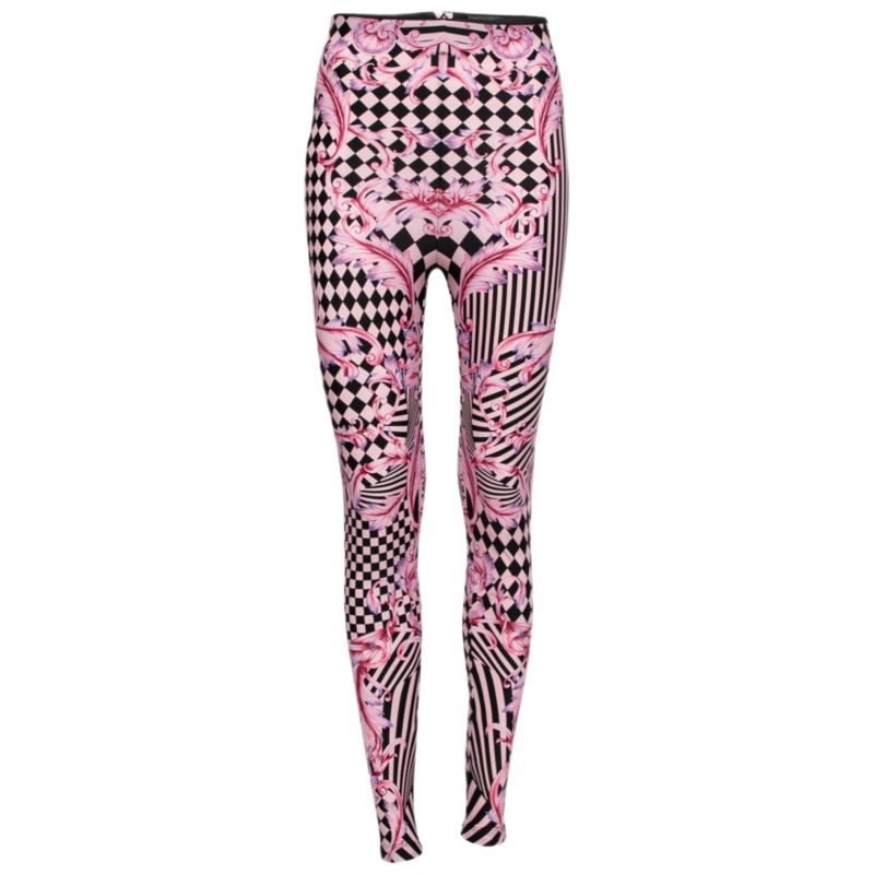 Women's Pink Stretch Knit Striped & Baroque Print Leggings