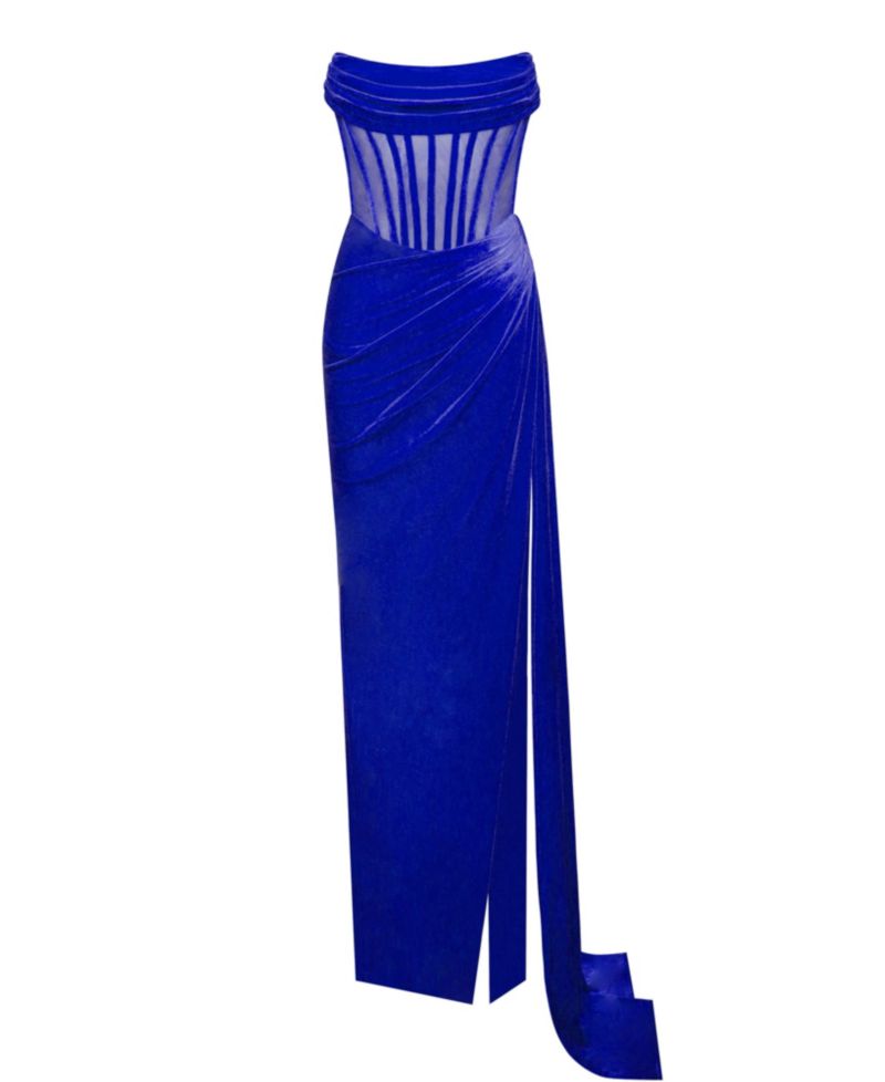 Women Priya Royal Blue Draping Corset High Slit Velvet Gown
