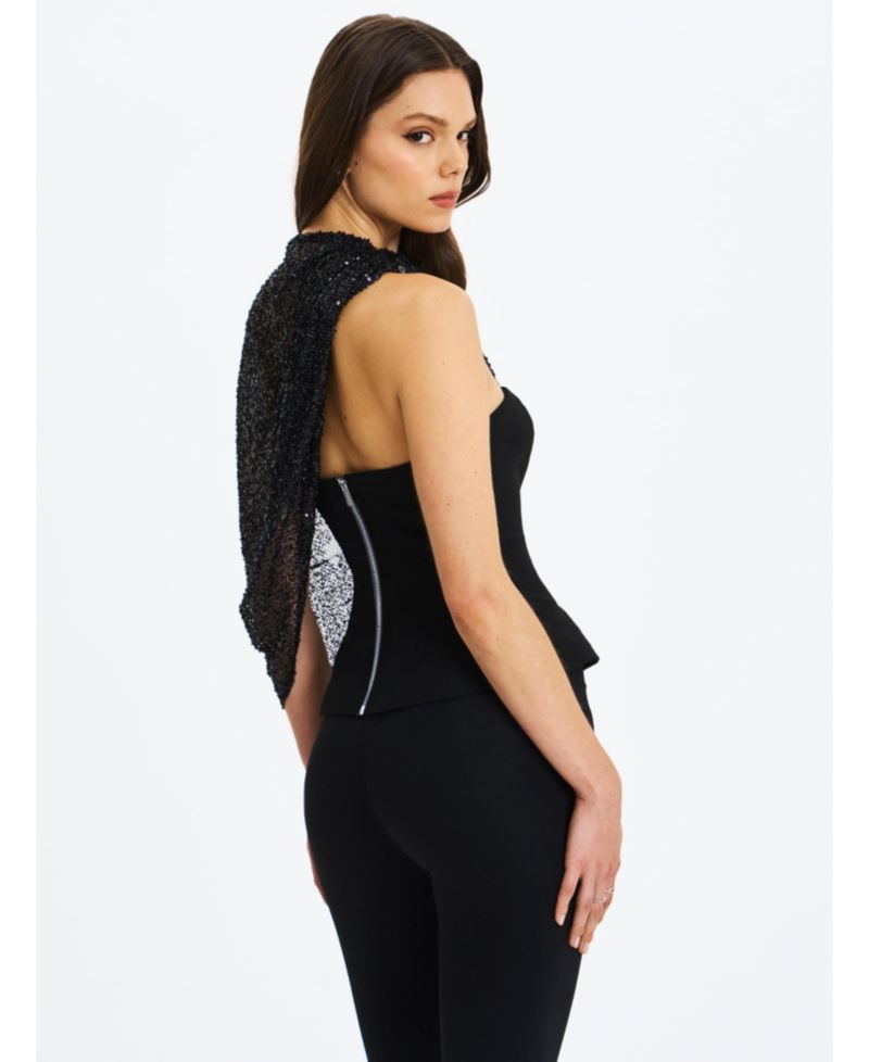 Women's Quinette Black Peplum Top with Beaded Asymmetrical Cape