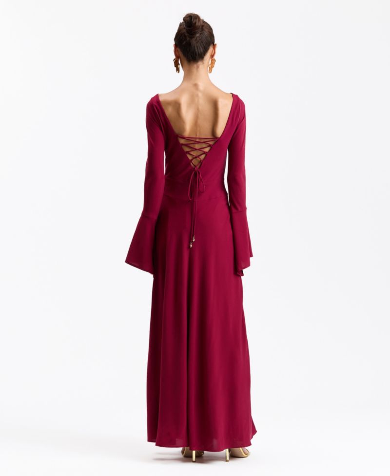 Women's Romantic Lace-Up Back Basque Waist Long High-Low Ruffle Sleeves Maxi Dress