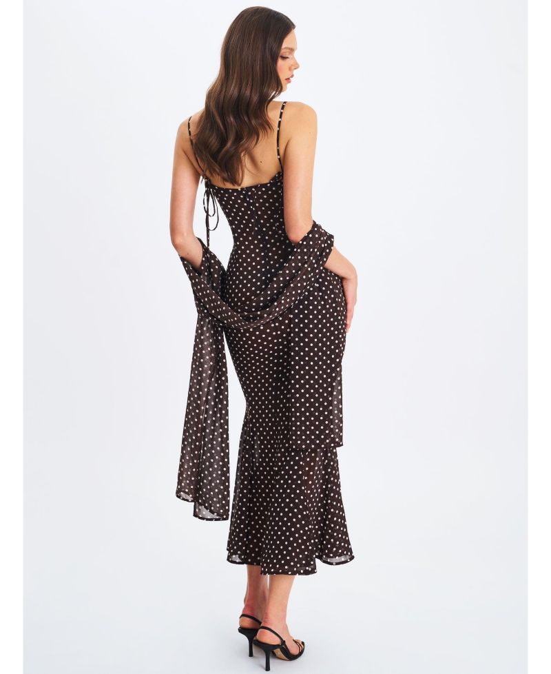 Women's Yadira Brown Base Polka Dot Chiffon Maxi Dress
