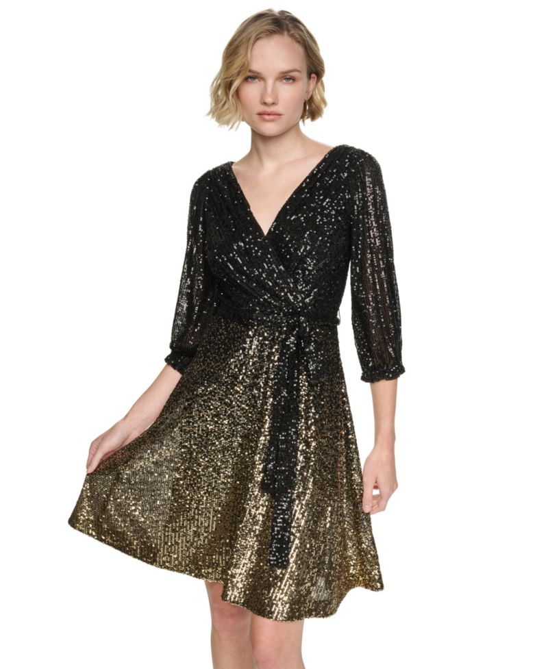 Women's Ombre Sequin Wrap 3/4 Balloon-Sleeve V-Neck Dress