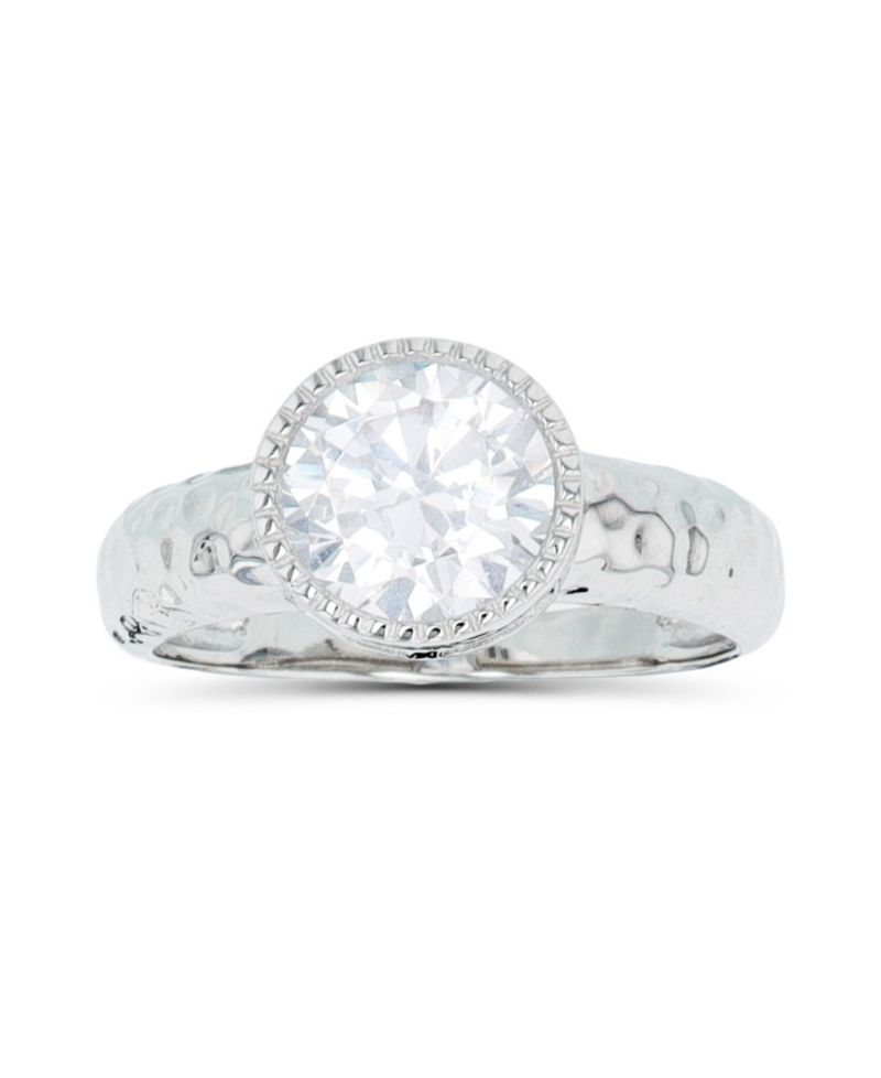Cubic Zirconia Milgrain Bezel Set Hammered Ring