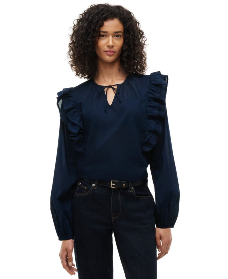 Women's Frill Detail Long-Sleeve Tie-Neck Top