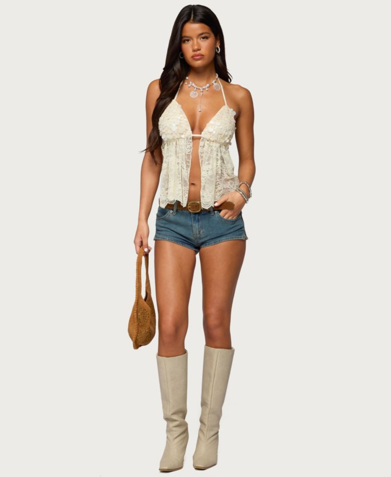 Women's Sequin Lace Split Front Backless Top