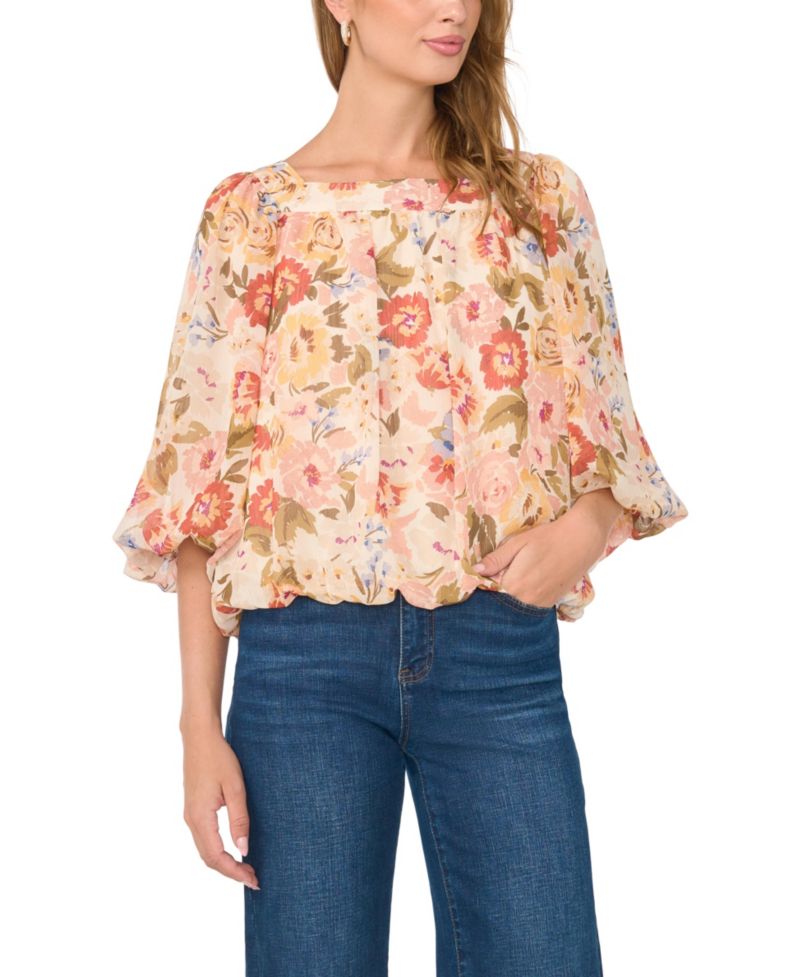 Women's Square-Neck 3/4-Sleeve Floral Blouse