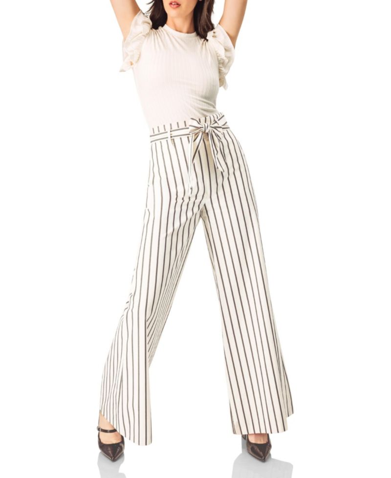 Women's Striped Bow-Belted Wide-Leg Trousers