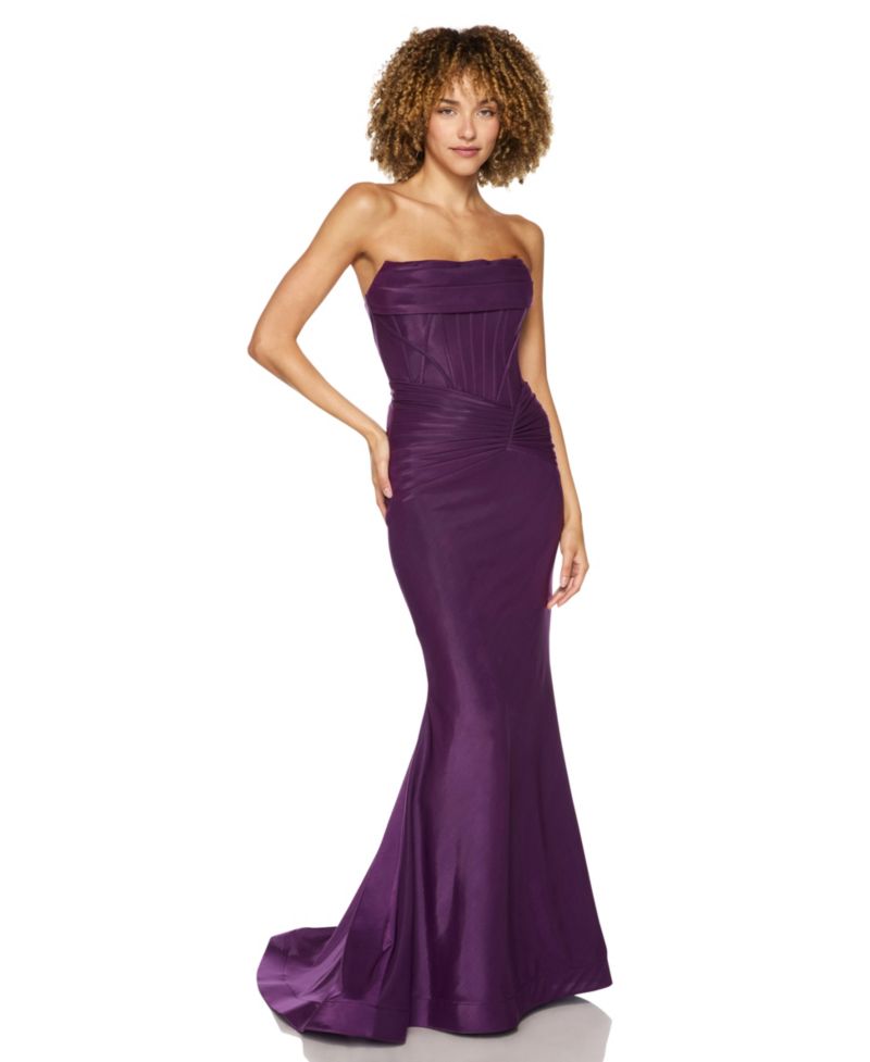 Juniors' Strapless Shiny Knit Front-Drape Gown