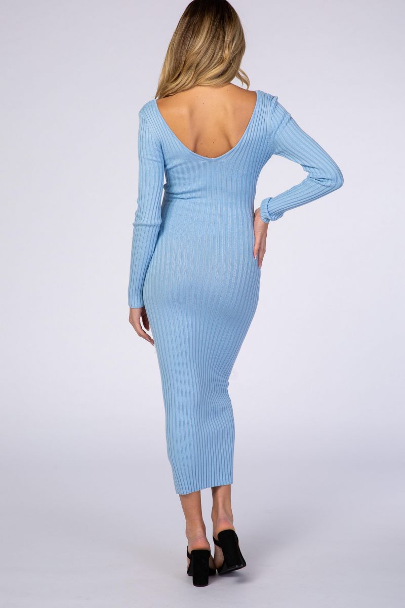 Women's Light Blue V-Neck Long Sleeve Fitted Maxi Dress