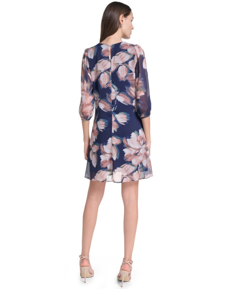 Women's 3/4-Sleeve Floral Chiffon Shift Dress