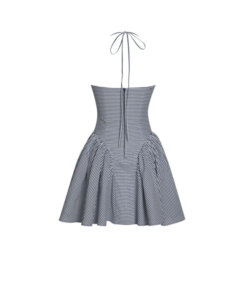 Women Melody Navy Blue Railroad Stripe Halter Drop Waist Mini Dress