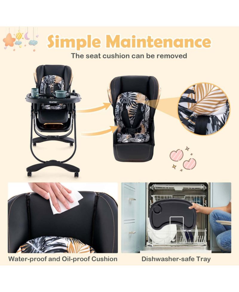 Baby High Chair with Wheel Folding Baby Dining Adjustable Height
