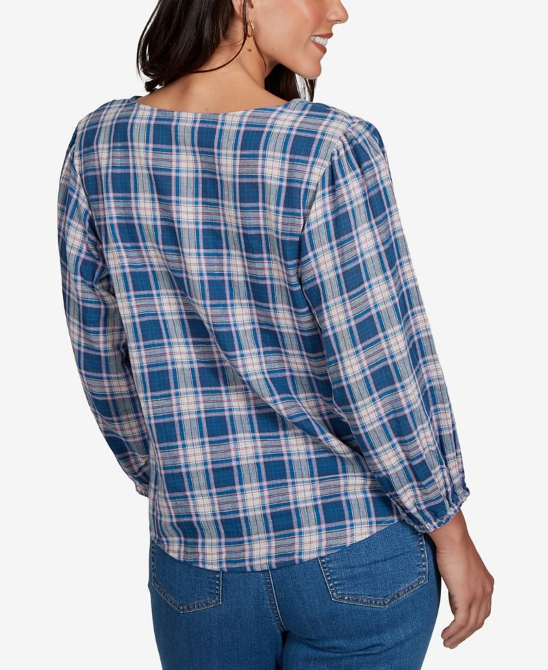 Petite Homestead Plaid 3/4-Sleeve Button-Front Top
