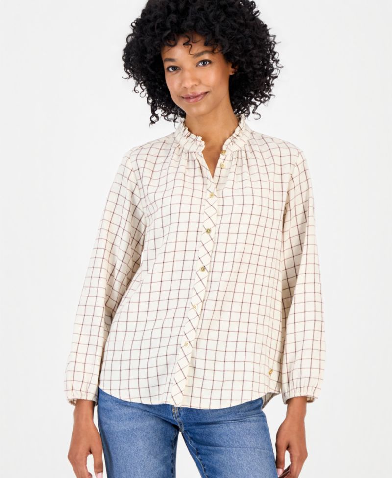 Women's Cotton Puff-Sleeve Flannel Shirt