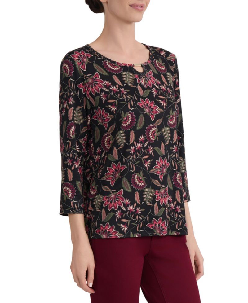Women's Floral-Print Keyhole Neck 3/4-Sleeve Top