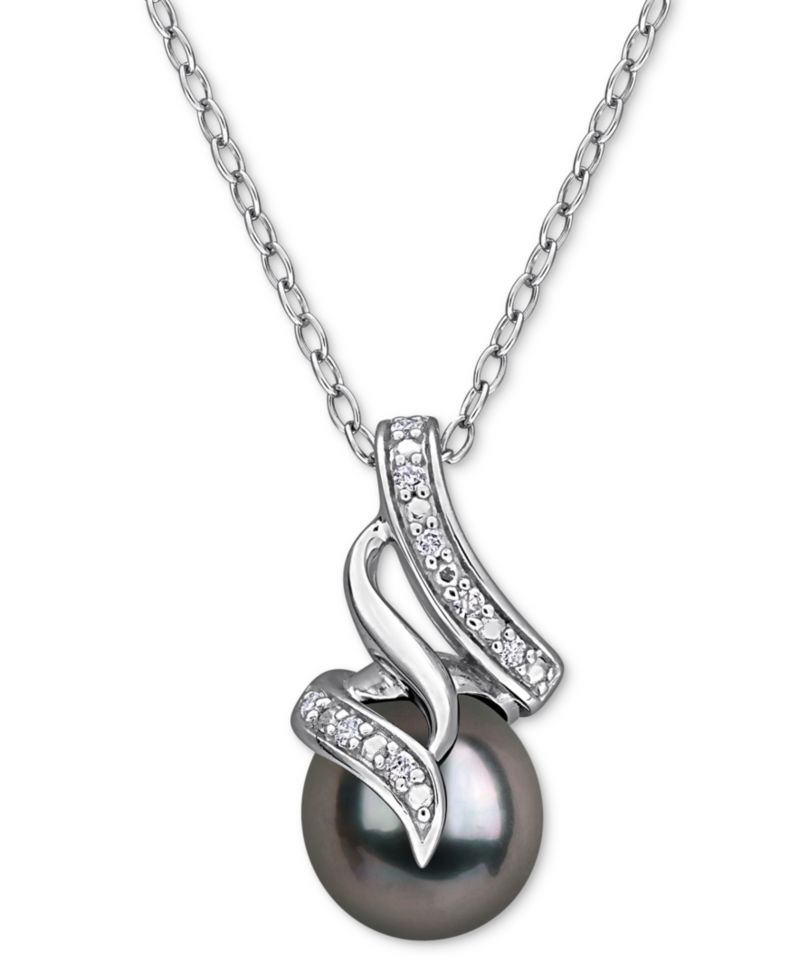 Cultured Black Tahitian Pearl (8mm) & Diamond (1/20 ct. t.w.) Swirl 18" Pendant Necklace in Sterling Silver