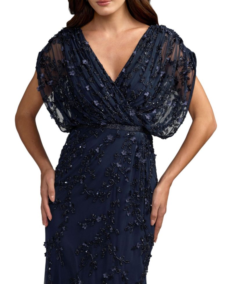 Women's Beaded-Embroidered Floral V-Neck Gown
