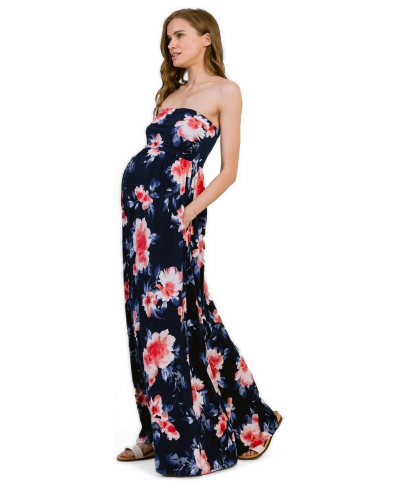 Women's Strapless Empire Waist Floral Maxi Dress with Side Pockets