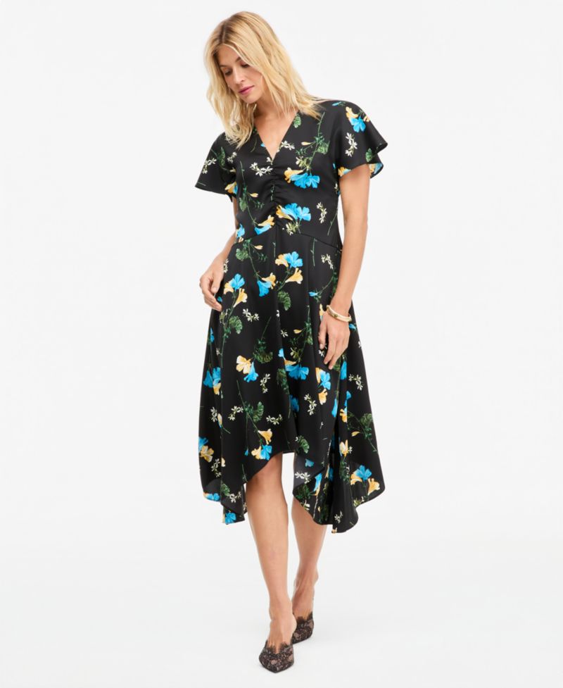 Women's Floral Satin Asymmetrical Hem Midi Dress