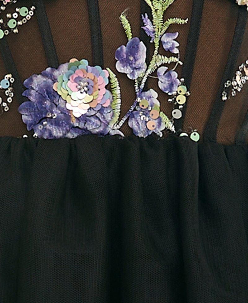 Juniors' Embroidered Illusion Corset Mini Dress with Tiered Skirt