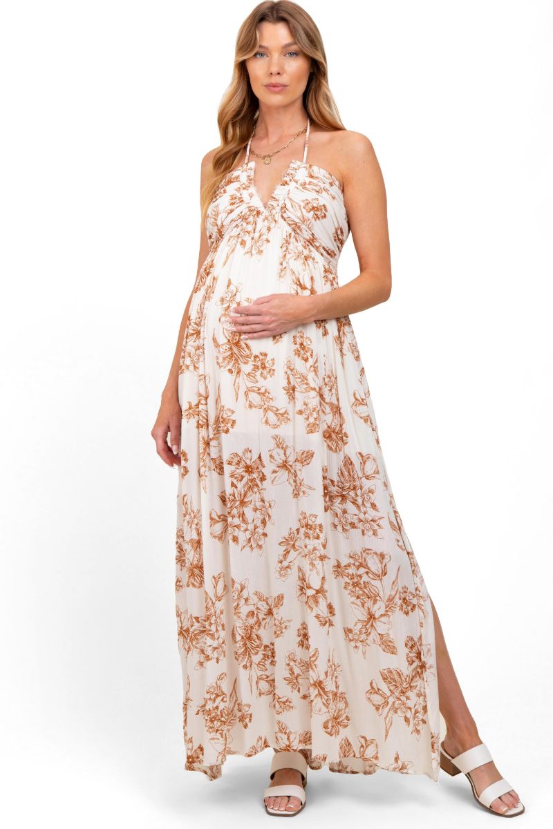 Women's Light Blue Floral Tie-Back Halter Maxi Dress