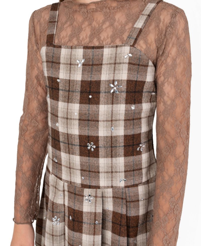 Girls' 7-16 Rhinestone Plaid Jumper and Lace Top, 2-Piece Set