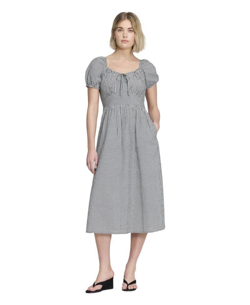 Women's Kaitlyn Gingham Short Puff-Sleeve Sweetheart Midi Dress