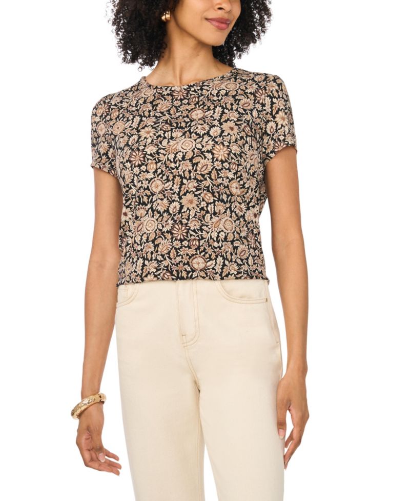 Women's Keyhole Back Floral Crewneck T-Shirt