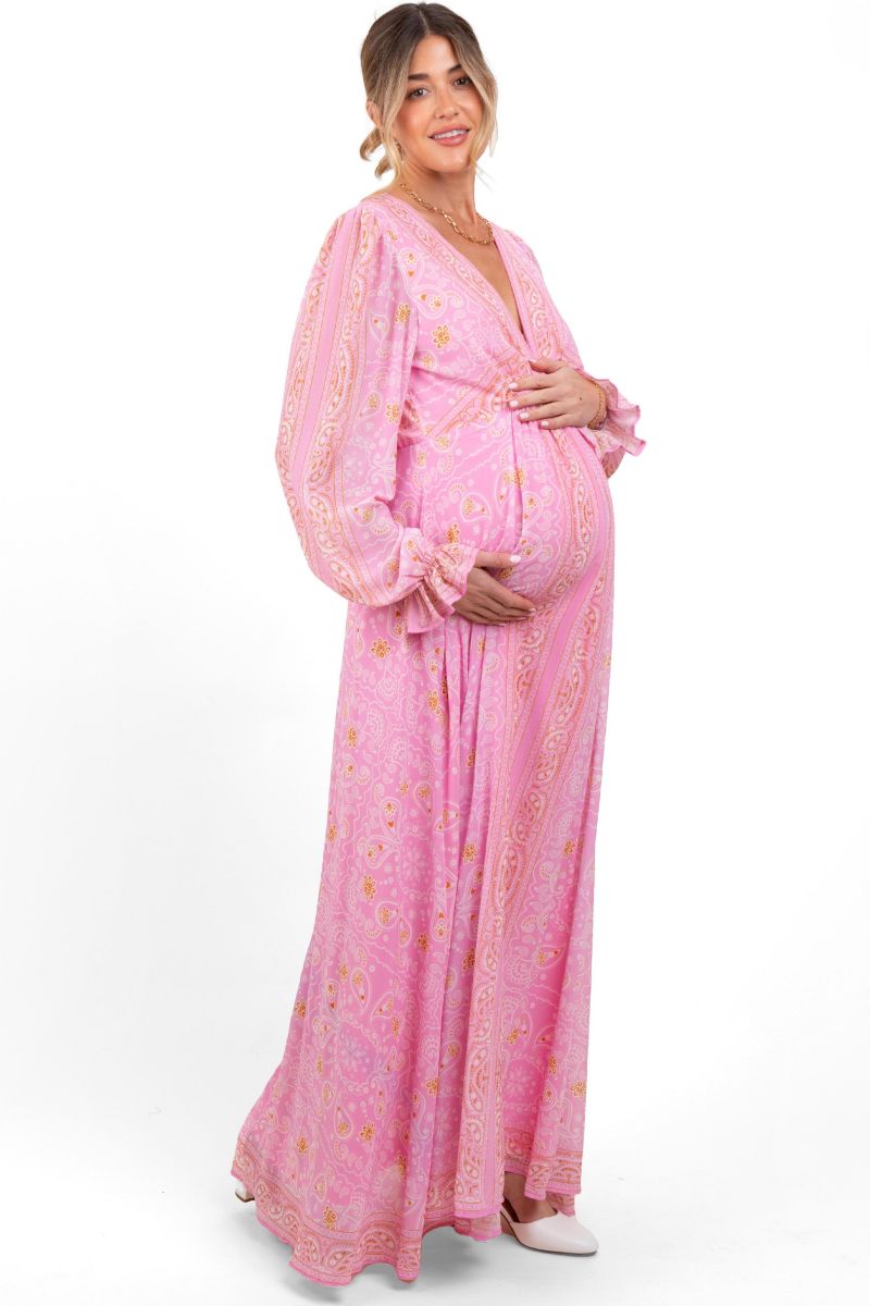 Women's Pink Paisley Deep V-Neck Long Sleeve Maxi Dress