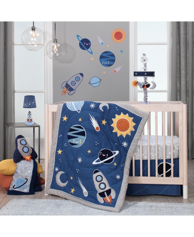 Lambs and Ivy Milky Way Blue/Gray Celestial Space with Rocket and Planets Musical Baby Crib Mobile