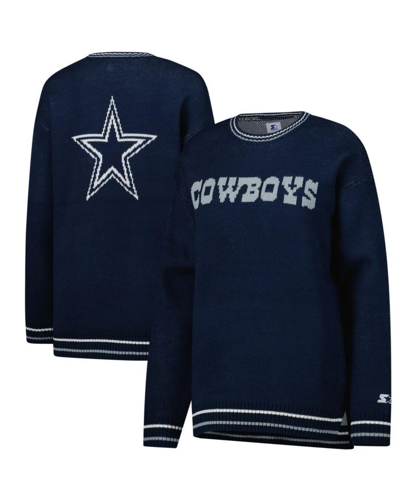 Women's Navy Dallas Cowboys Oversized On the Ball Intarsia Knit Pullover Sweater