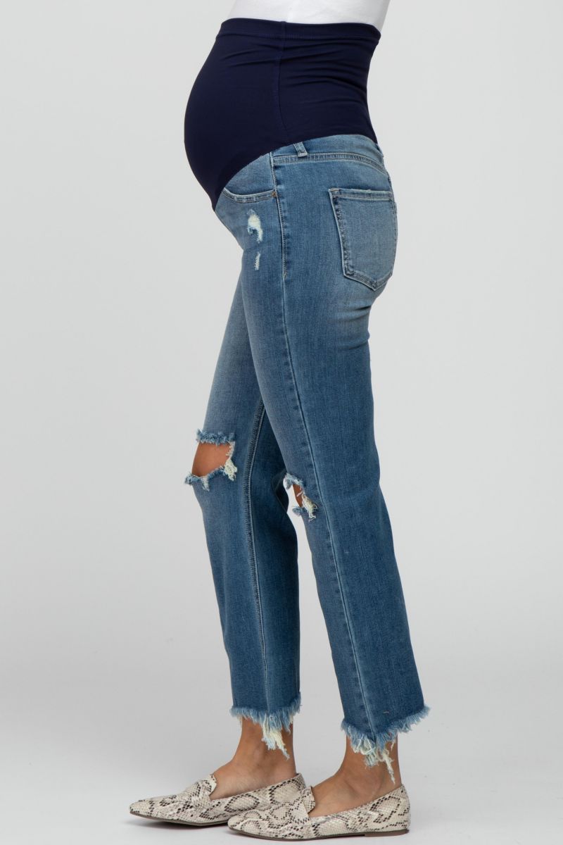 Women's Blue Frayed Wide Leg Cropped Jeans