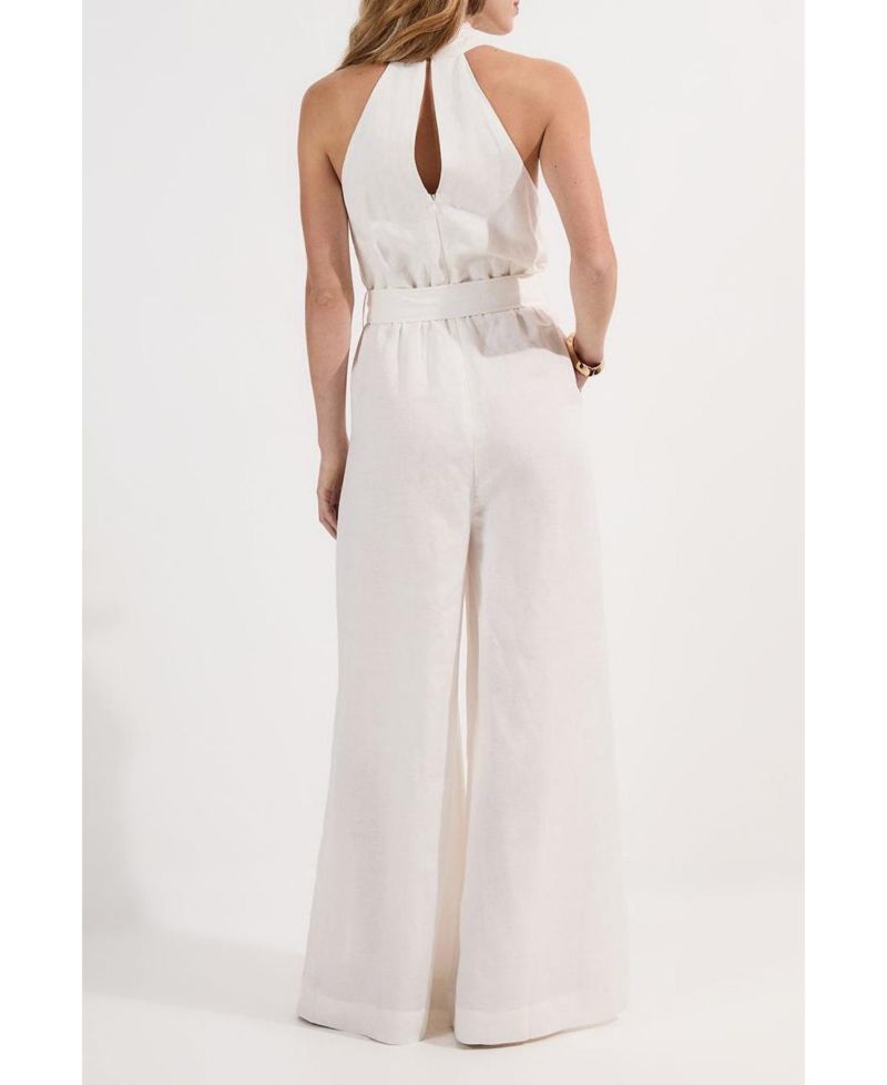 Women's Linen Blend Wide Leg Belted Jumpsuit