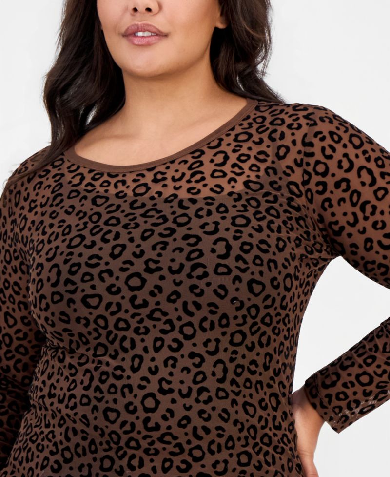 Plus Size Flocked Mesh Long-Sleeve Crewneck Top