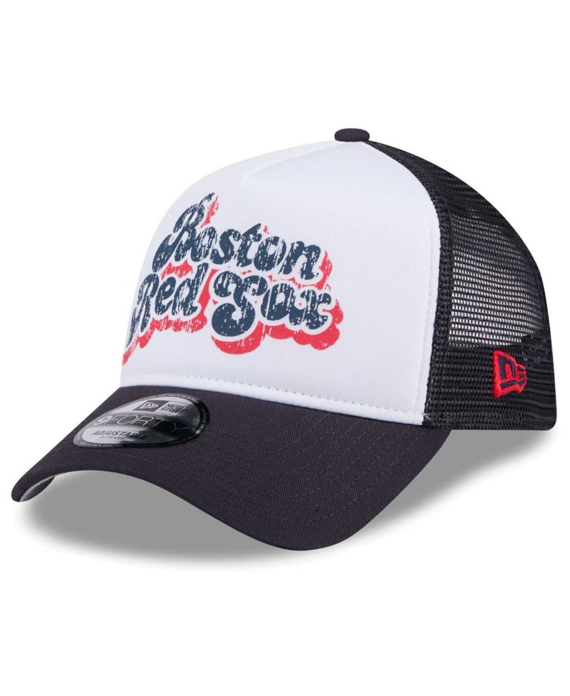 Women's White/Navy Boston Red Sox Throwback Team Foam Front A-Frame Trucker 9Forty Adjustable Hat