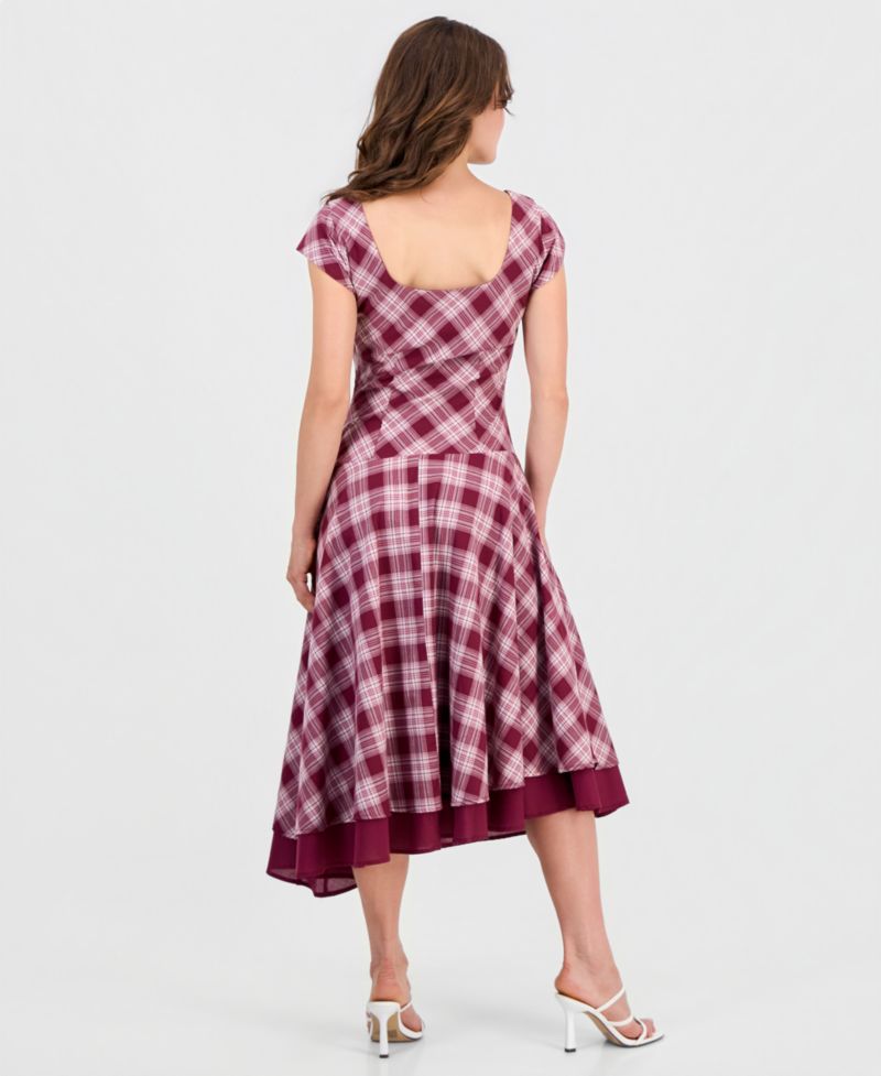 Petite Plaid Asymmetrical Short-Sleeve Maxi Dress