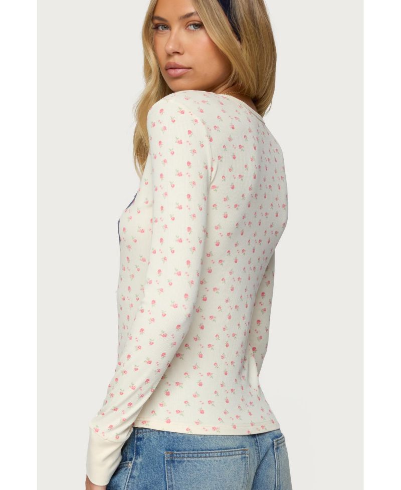 Womens Cali Floral Ribbed Long Sleeve T Shirt