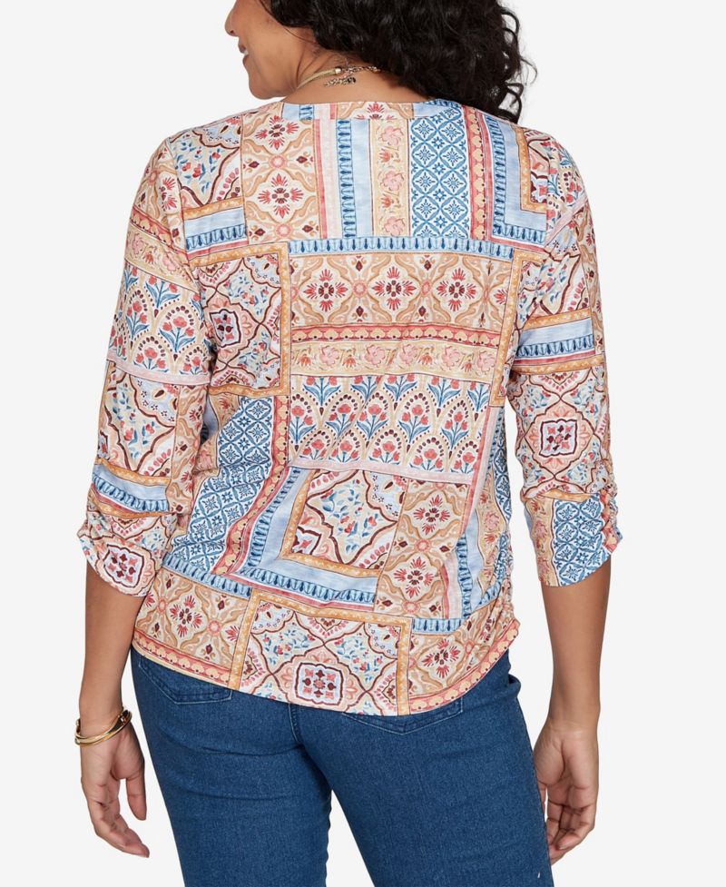 Women's Floral 3/4-Sleeve Split-Neck Knit Top