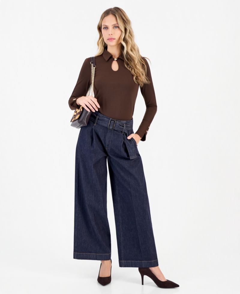 Petite High-Rise Wide-Leg Belted Jeans