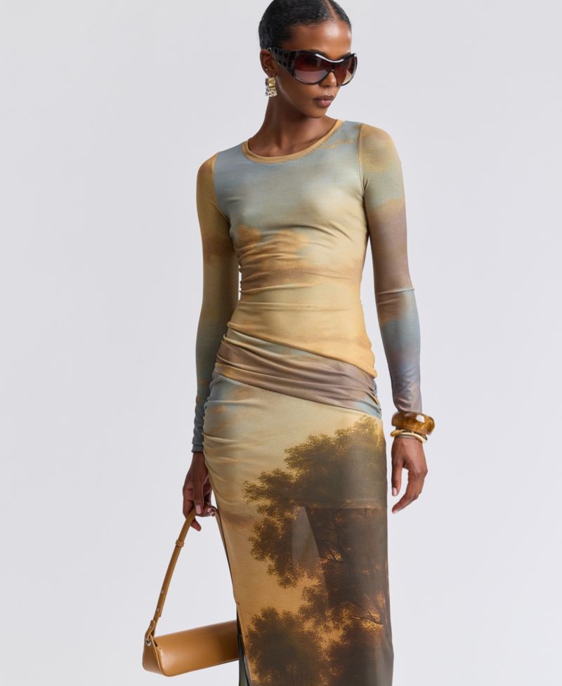Women's Scoop Neck Long-Sleeve Shirred Waist Maxi Dress