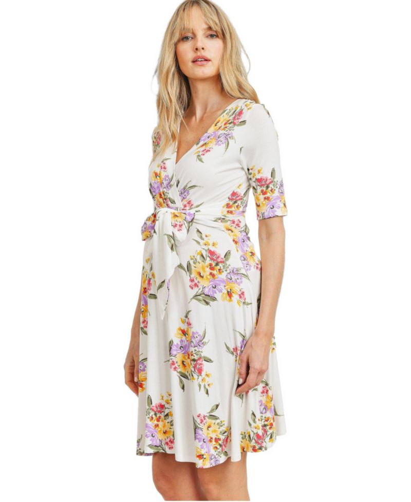 Women's Floral Short Sleeve Wrap Nursing Dress with Tie Waist