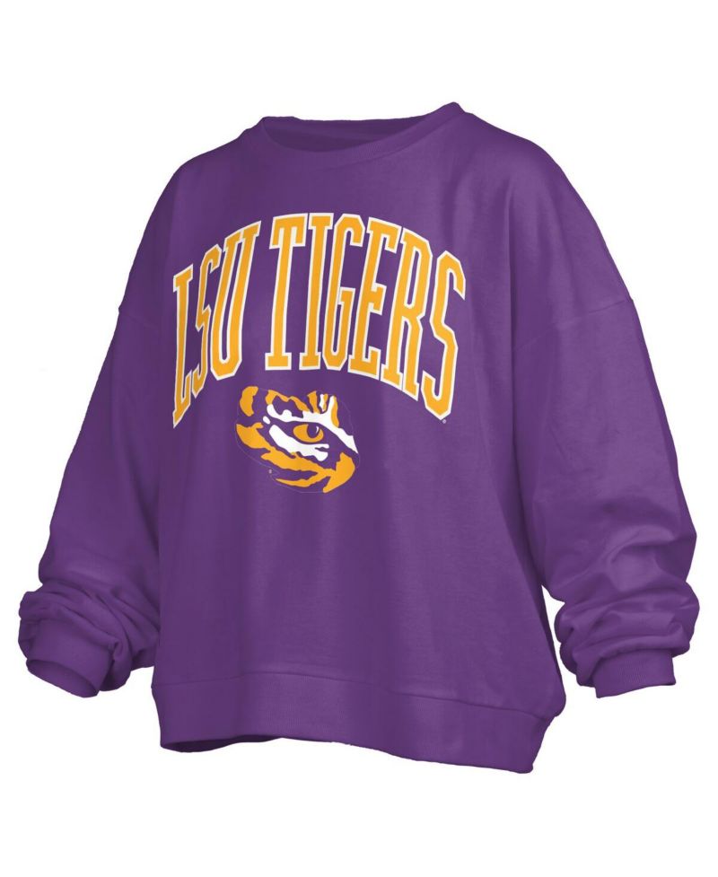 Women's Purple LSU Tigers Janise Arch Over Logo Waist Length Oversized Pullover Sweatshirt