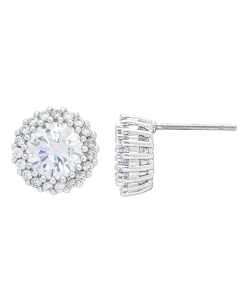 Women's Fine Silver Plated Round Halo Cubic Zirconia Stud Earrings