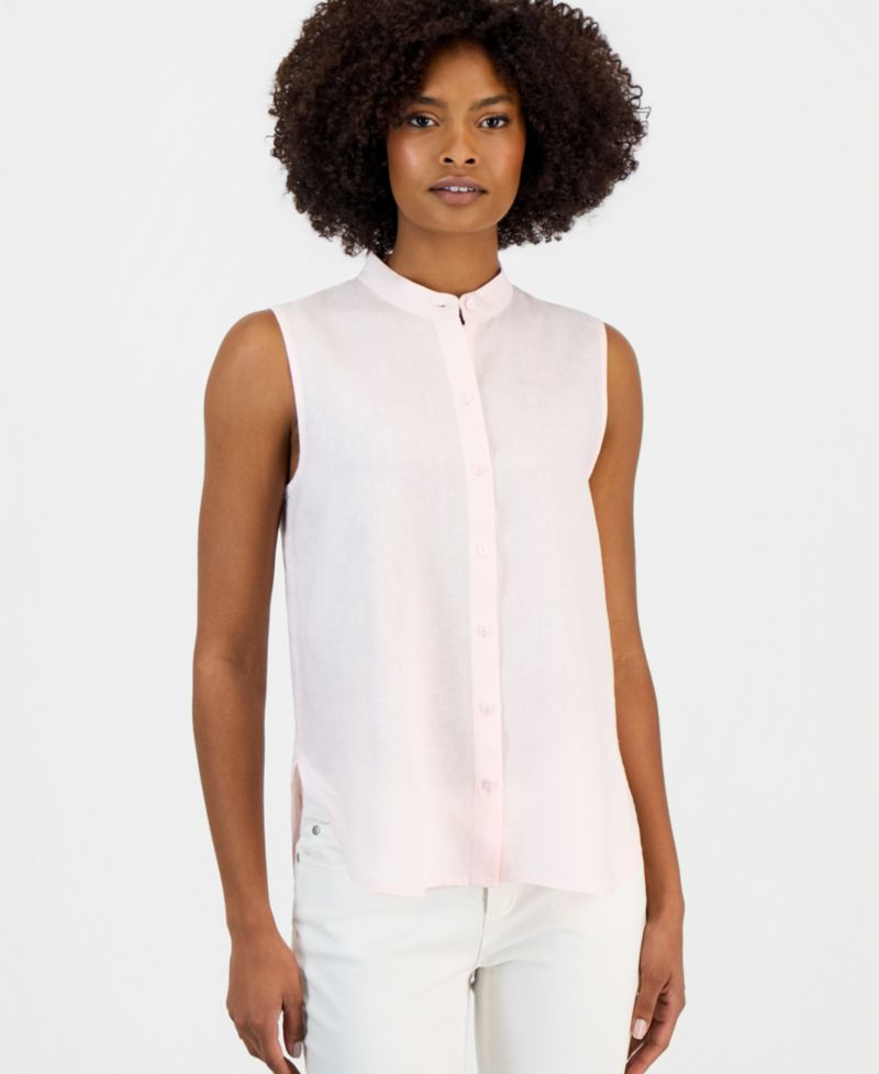 Women's Linen Sleeveless Band-Collar Shirt