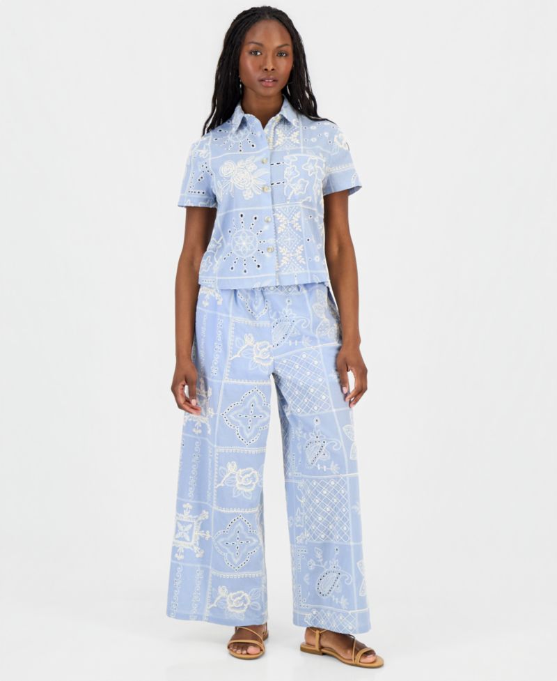 Petite Embroidered Cotton Wide-Leg Pants