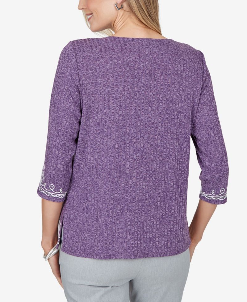 Petite 3/4-Sleeve Embroidered Side-Slit Blouse