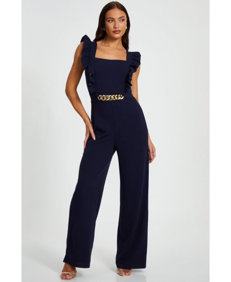 Women's Scuba Crepe Palazzo Frill Chain Jumpsuit - Red